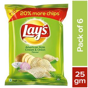 Lays Potato Chips – American Style Cream & Onion Flavour, 6×25 gm Multi Pack
